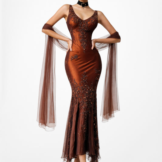 Vintage Orange Brown Silk Beaded Ruffle Bodycon Midi Dress Size XS/S