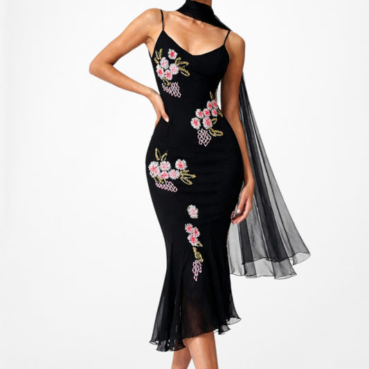 Vintage Black Silk Floral Beaded Embroidered Ruffle Midi Formal Cocktail Dress Size S
