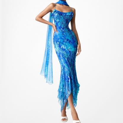 Vintage Blue Beaded Ruffle Silk Asymmetric Hem Midi Dress Size S