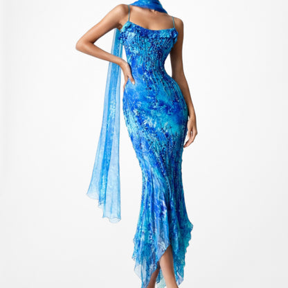 Vintage Blue Beaded Ruffle Silk Asymmetric Hem Midi Dress Size S