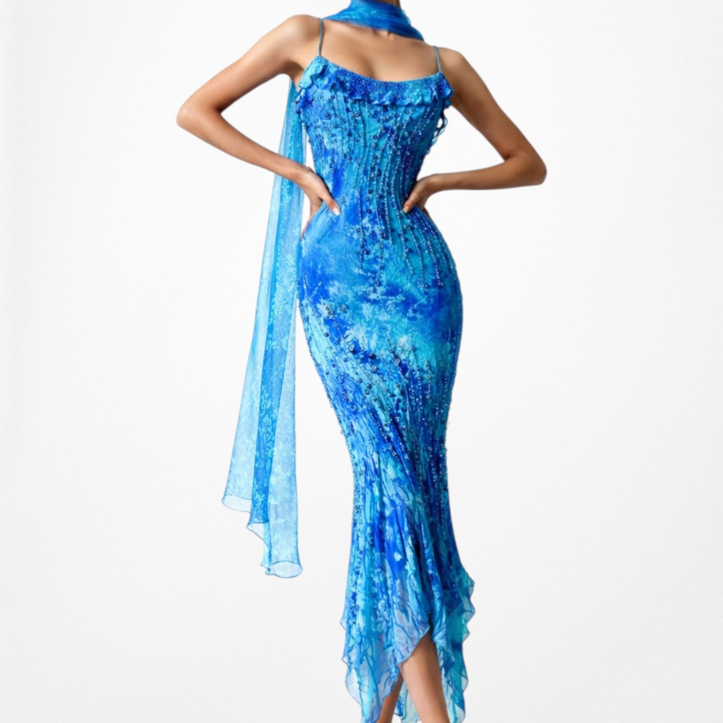 Vintage Blue Beaded Ruffle Silk Asymmetric Hem Midi Dress Size S