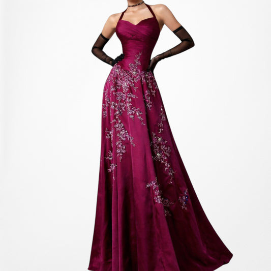 Vintage Y2K Pink Floral Beaded Embroidered Satin Pleated Maxi Prom Dress Size XS