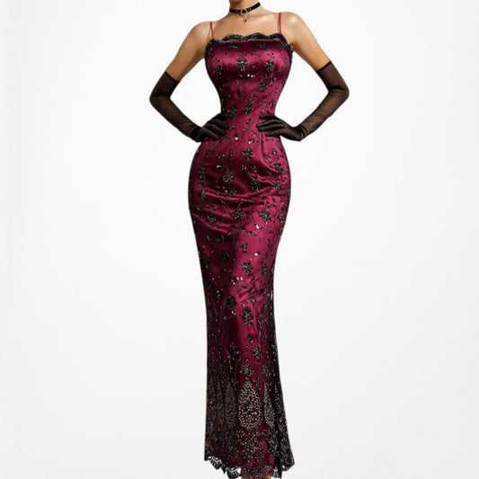 Vintage Y2K Bungundy Red Floral Beaded Sequin Mesh Bodycon Maxi Prom Dress L