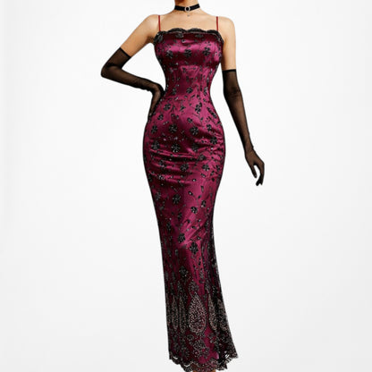 Vintage Y2K Bungundy Red Floral Beaded Sequin Mesh Bodycon Maxi Prom Dress L