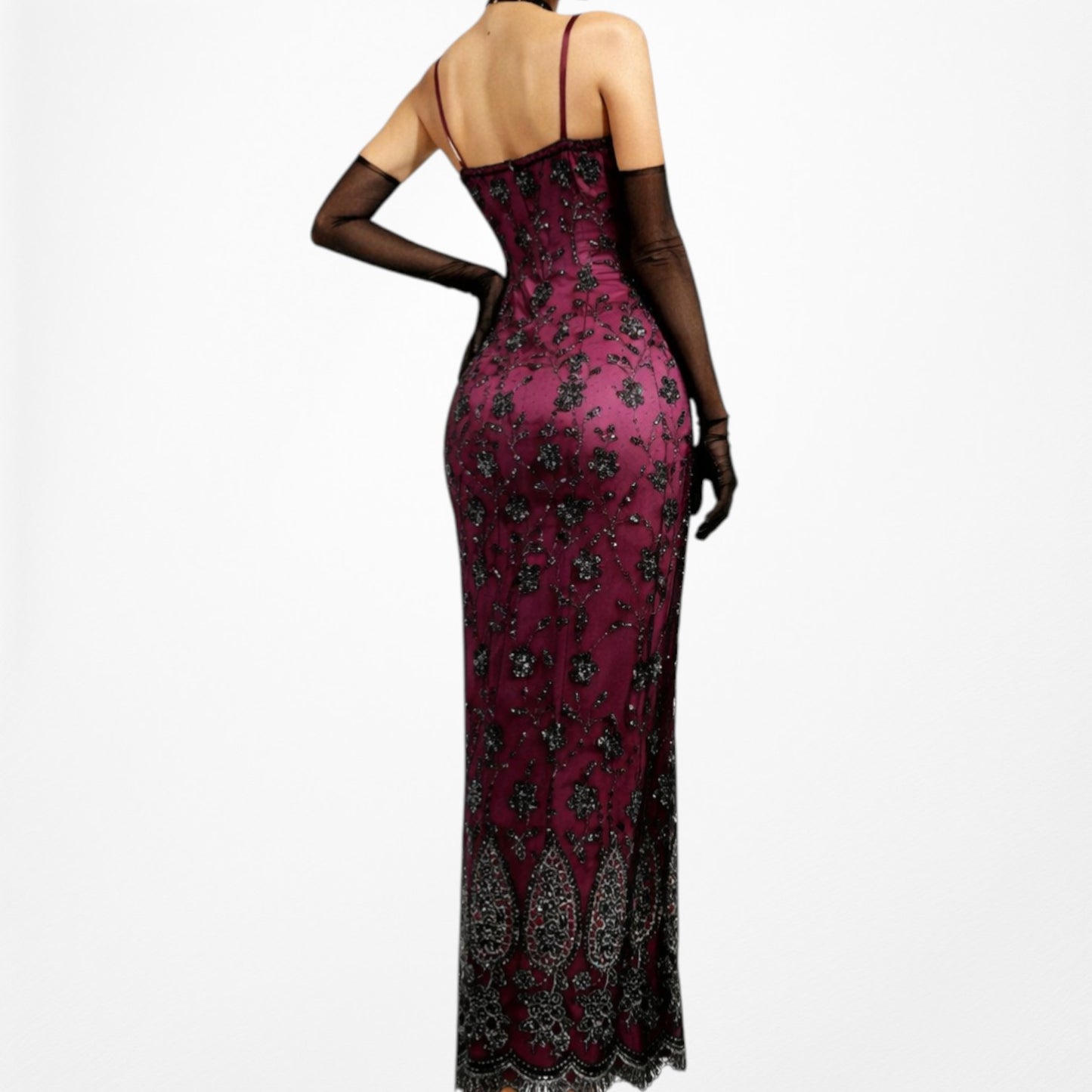 Vintage Y2K Bungundy Red Floral Beaded Sequin Mesh Bodycon Maxi Prom Dress L