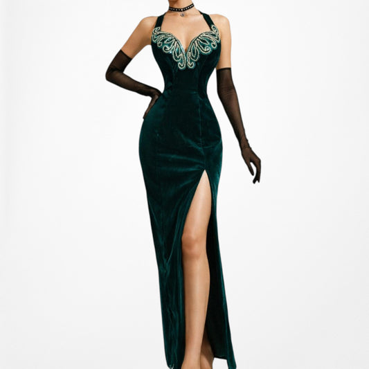 Vintage Green Velvet Sequin Embroidered Side Slit Halter Bodycon Maxi Prom Formal Dress Size S