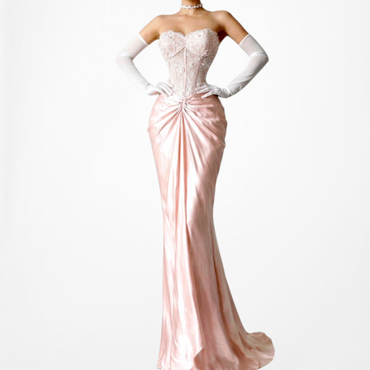 Vintage Silk Blend Pastel Pink Strapless Floral Beaded Lace Maxi Prom Dress Size M