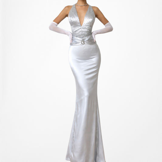 Vintage Silver Gray Beaded Satin Maxi Bodycon Formal Cocktail Prom Dress Size S