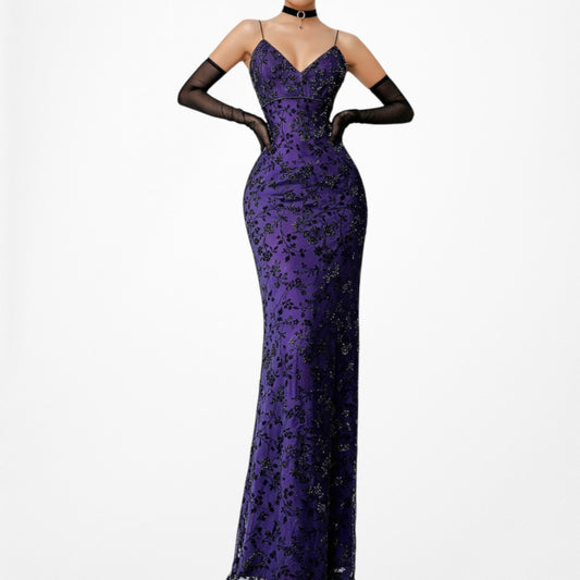 Vintage Purple Knit Floral Velvet Beaded Bodycon Maxi Prom Dress Size S/M