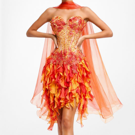 Vintage Orange Yellow Silk Floral Sequin Beaded Ruffle Prom Dress Size XS/S