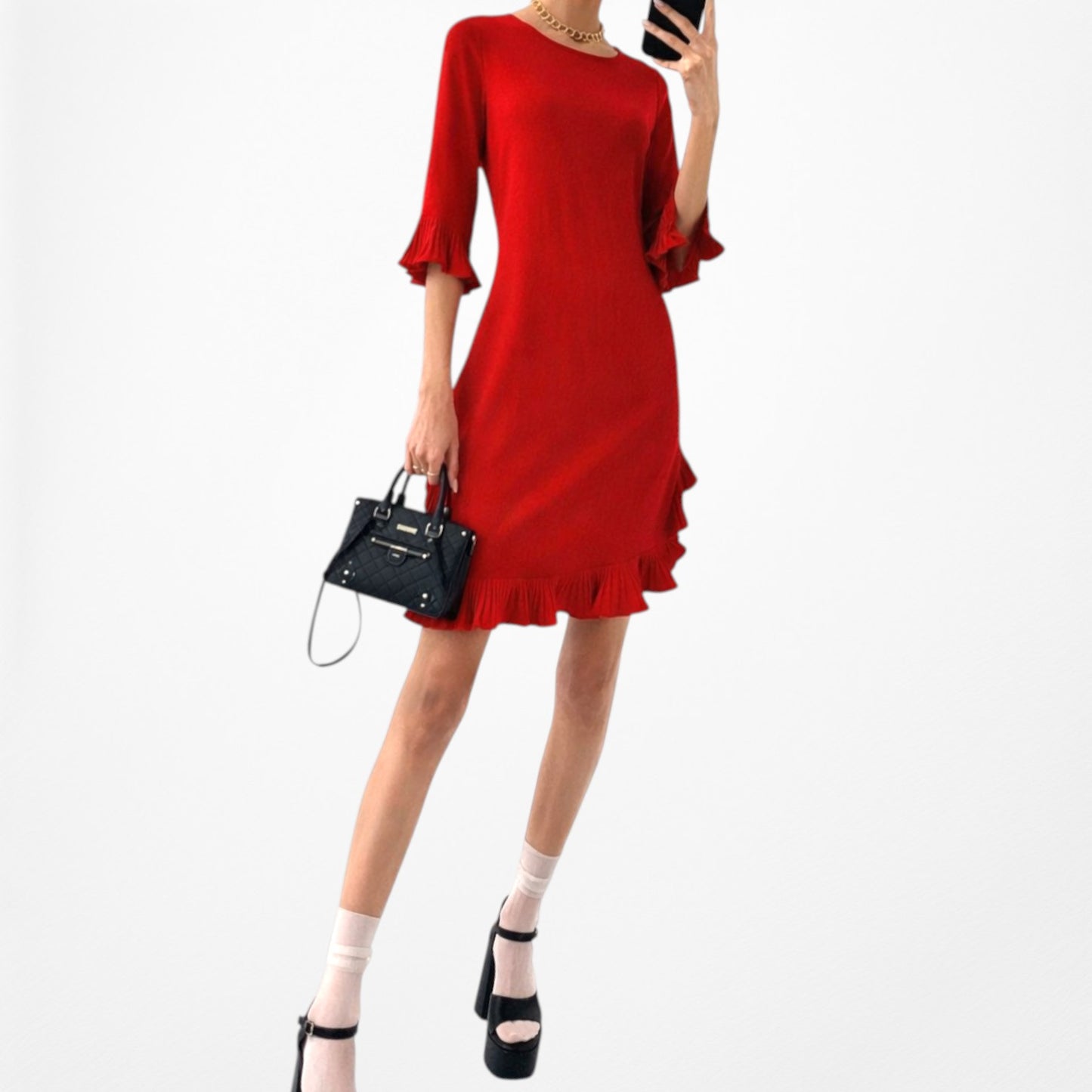 Vintage Y2K Red Knee Length Ruffle Detail Shift Cocktail Dress Size M