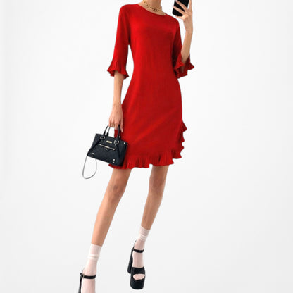 Vintage Y2K Red Knee Length Ruffle Detail Shift Cocktail Dress Size M