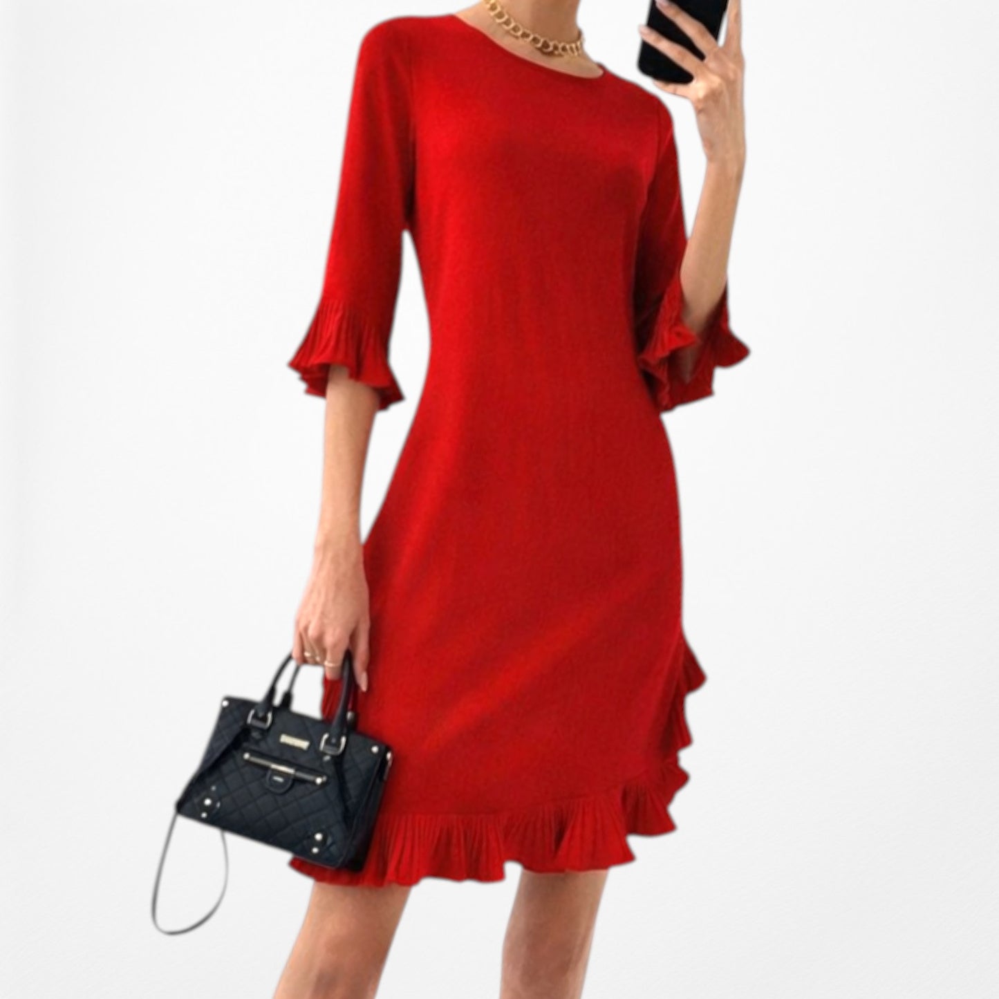 Vintage Y2K Red Knee Length Ruffle Detail Shift Cocktail Dress Size M