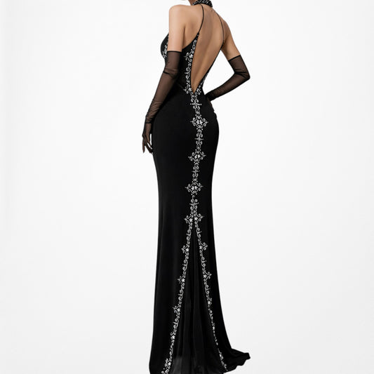 Vintage Black Beaded Knit Maxi Formal Prom Dress Size M/L
