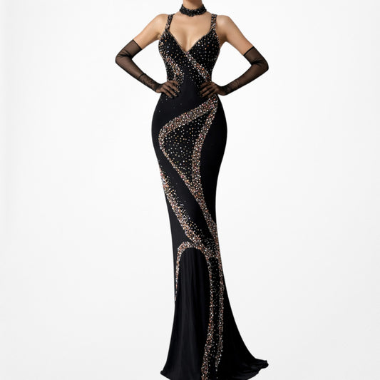 Vintage Black Beaded Bodycon Maxi Cocktail Formal Prom Dress Size M