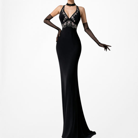 Vintage Black Floral Beaded Knit Maxi Bodycon Cocktail Formal Prom Dress Size M
