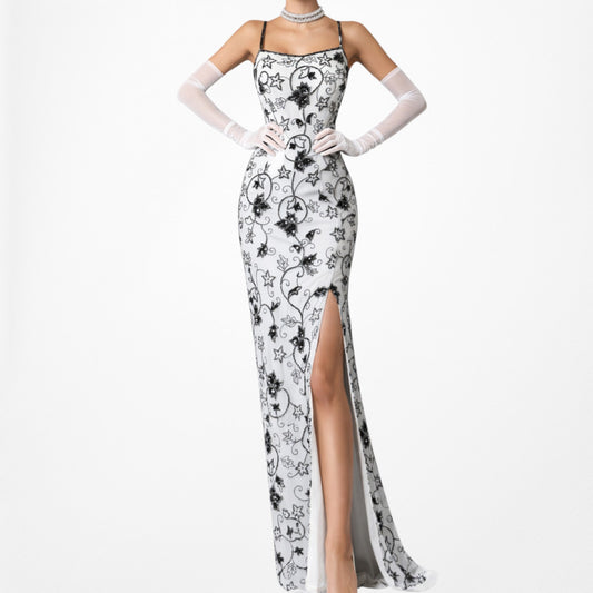 Vintage Gray Black Floral Beaded Silk Bodycon Side Slit Maxi Prom Dress Size S