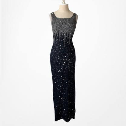 Gray Silk Beaded Maxi Bodycon Slit Formal Prom Dress Size S