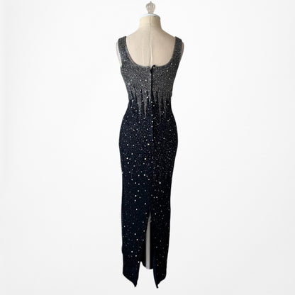 Gray Silk Beaded Maxi Bodycon Slit Formal Prom Dress Size S