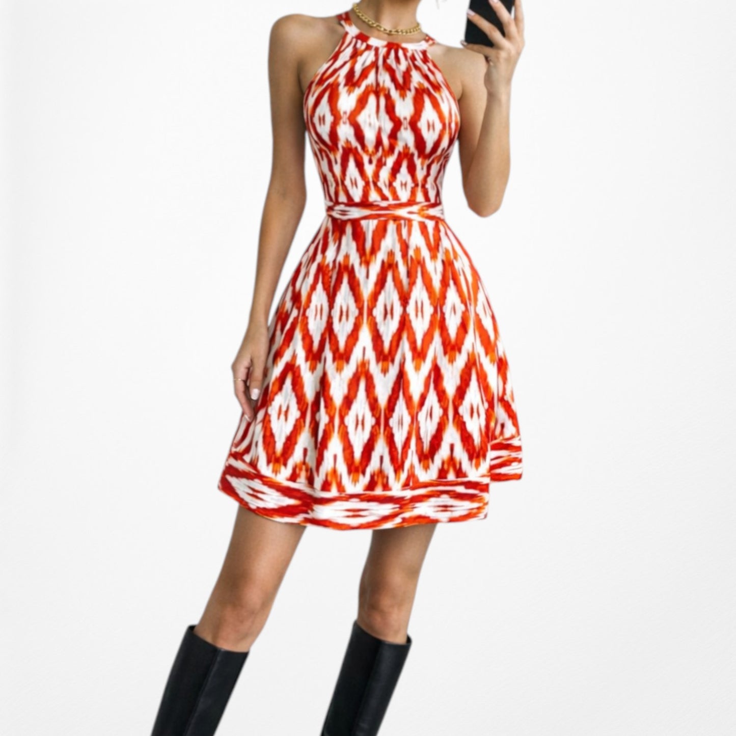 Vintage Y2K Orange White Printed Knee Length Cocktail Sundress Dress Size 6/M