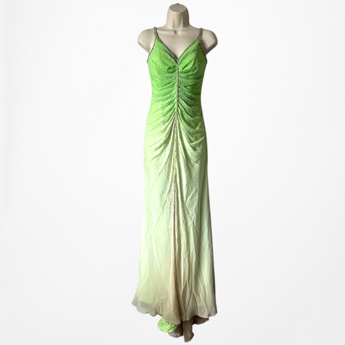 Vintage Green Ombre Beaded Pleated Front Slit Maxi Prom Dress Size XS