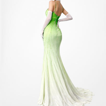Vintage Green Ombre Beaded Pleated Front Slit Maxi Prom Dress Size XS