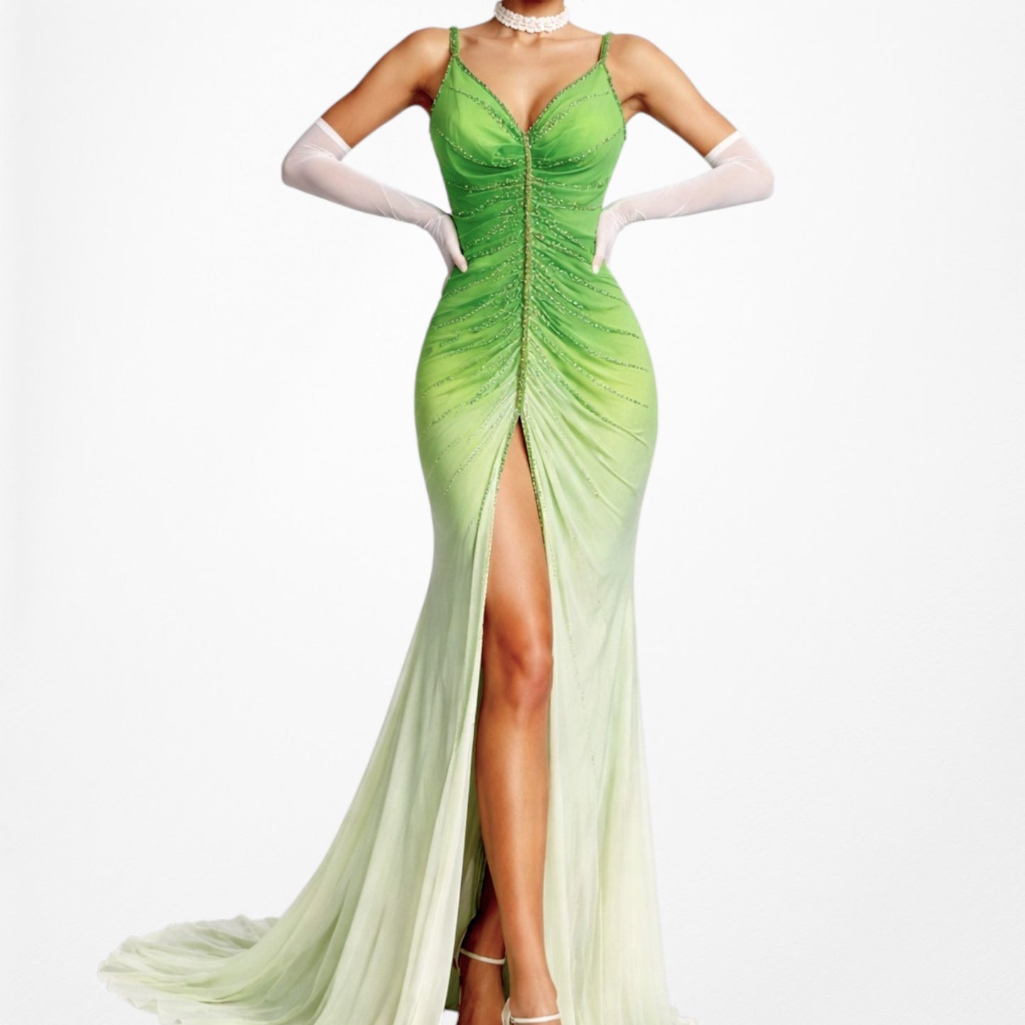Vintage Green Ombre Beaded Pleated Front Slit Maxi Prom Dress Size XS