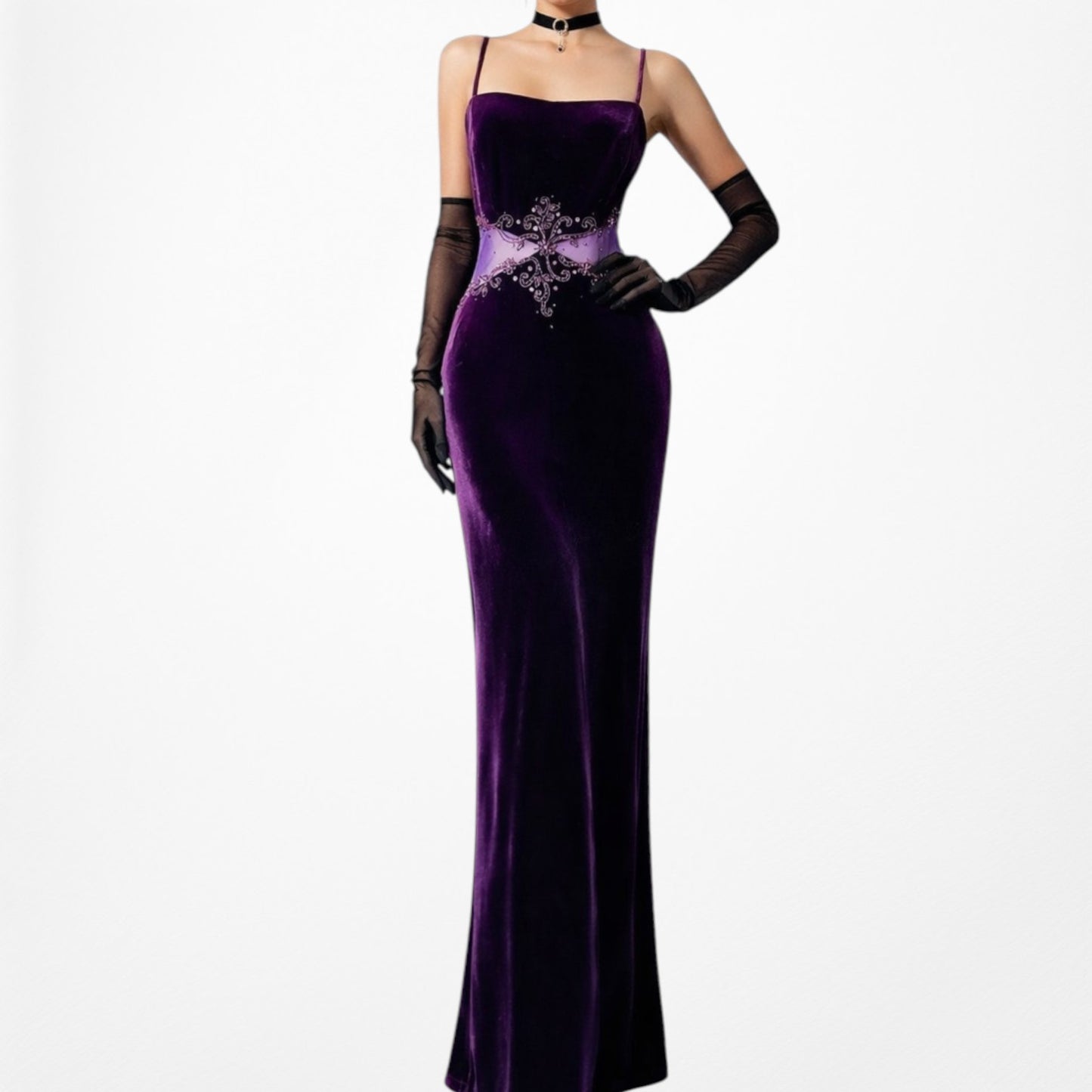 Vintage Purple Velvet Cutout Mesh Beaded Maxi Bodycon Prom Dress Size L