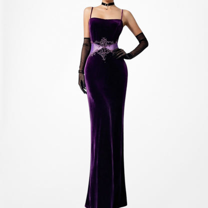 Vintage Purple Velvet Cutout Mesh Beaded Maxi Bodycon Prom Dress Size L