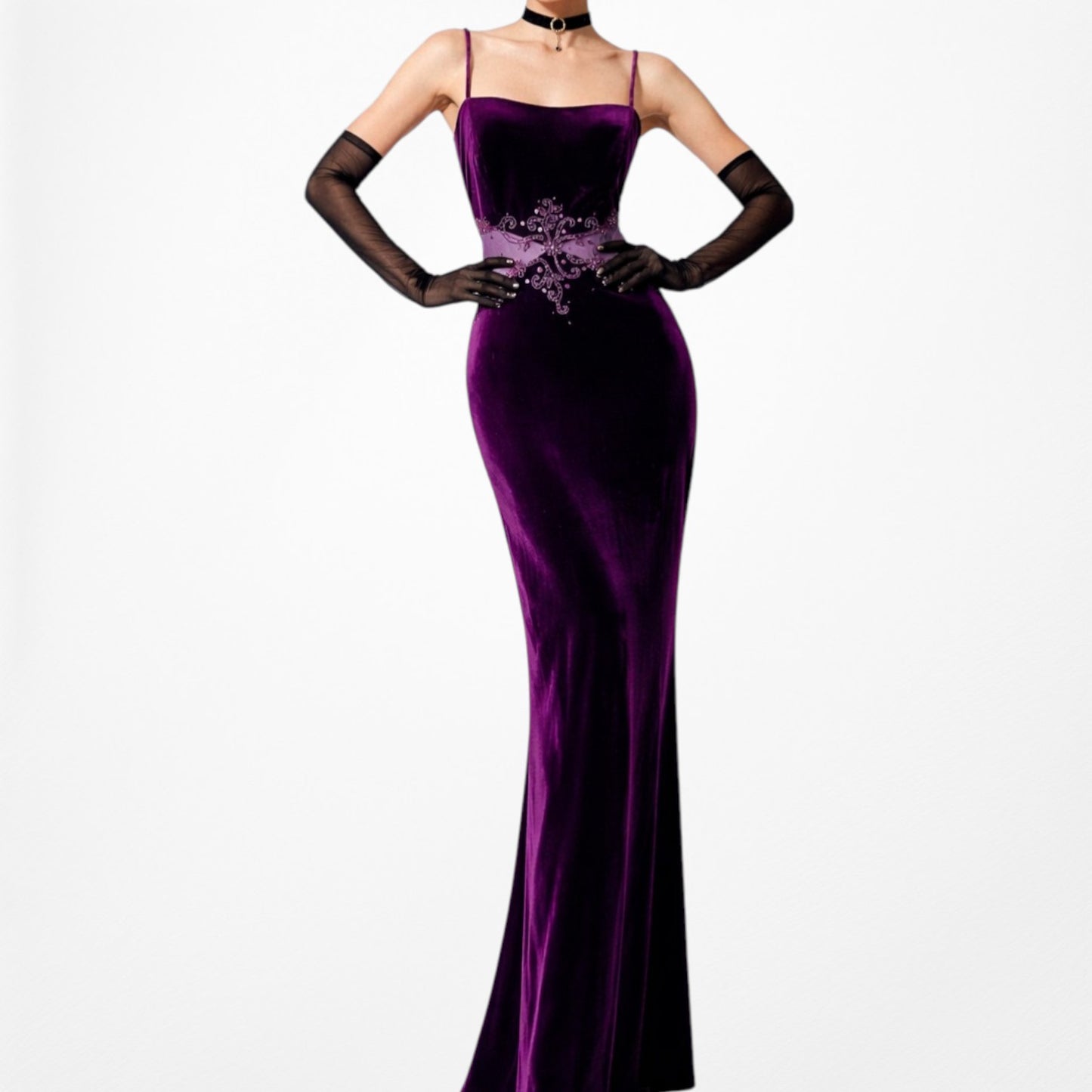 Vintage Purple Velvet Cutout Mesh Beaded Maxi Bodycon Prom Dress Size L