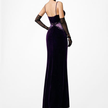 Vintage Purple Velvet Cutout Mesh Beaded Maxi Bodycon Prom Dress Size L