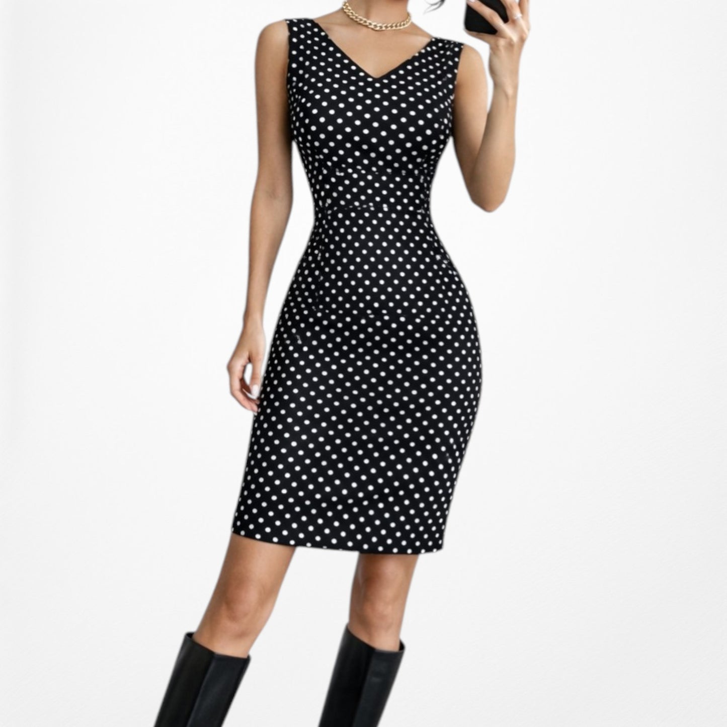 Vintage Y2K Black Polka Dot Knee Length Bodycon Sleeveless Cocktail Dress Size M