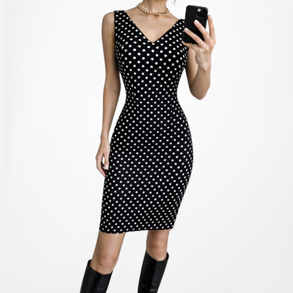 Vintage Y2K Black Polka Dot Knee Length Bodycon Sleeveless Cocktail Dress Size M