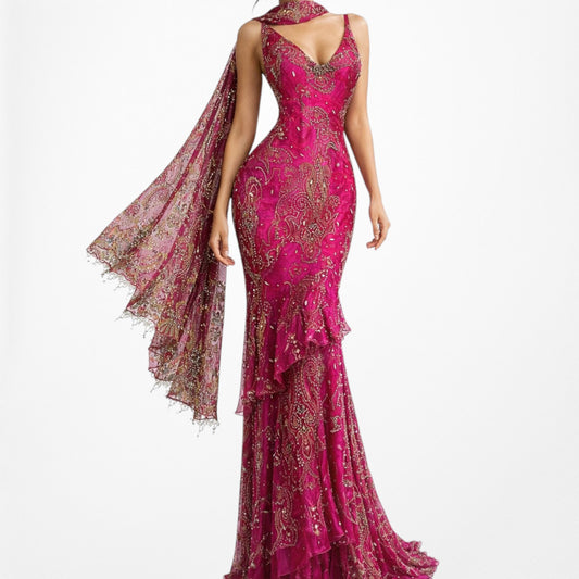 Vintage Y2K Pink Beaded Cowl Neck Silk Bodycon Maxi Prom Dress Size M