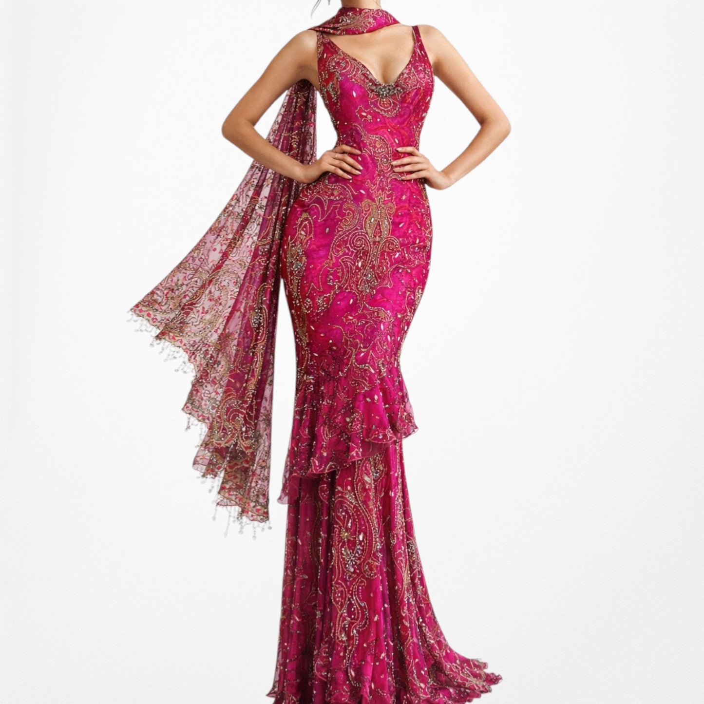 Vintage Y2K Pink Beaded Cowl Neck Silk Bodycon Maxi Prom Dress Size M