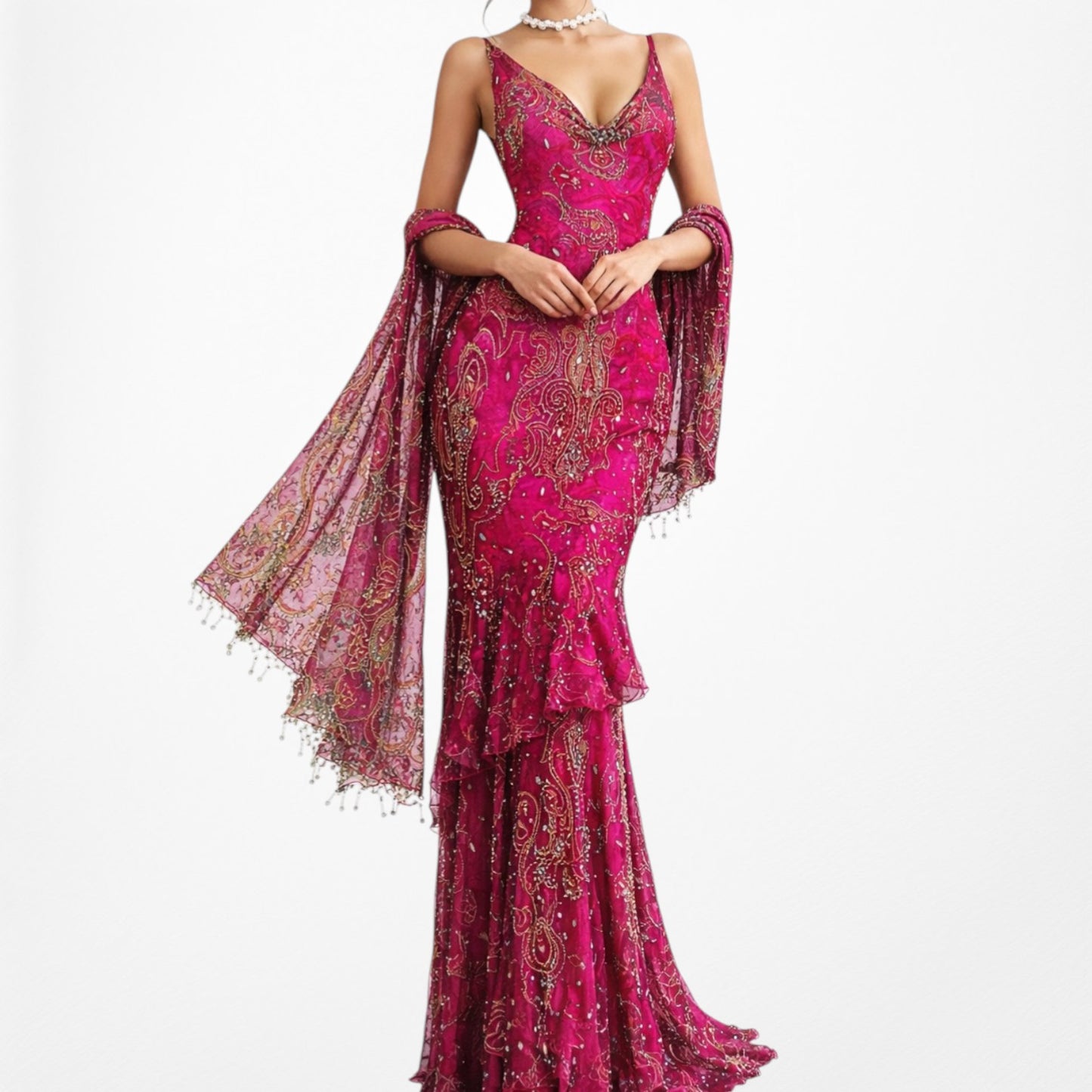 Vintage Y2K Pink Beaded Cowl Neck Silk Bodycon Maxi Prom Dress Size M