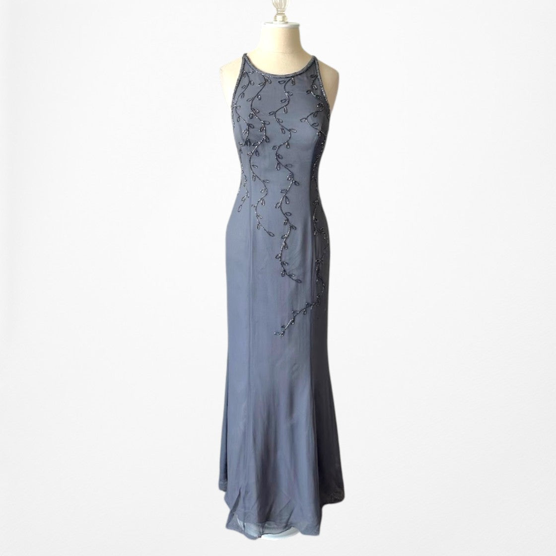 Vintage Gray Floral Beaded Silk Mesh Fishtail Bodycon Maxi Formal Prom Dress Size M