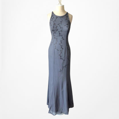 Vintage Gray Floral Beaded Silk Mesh Fishtail Bodycon Maxi Formal Prom Dress Size M