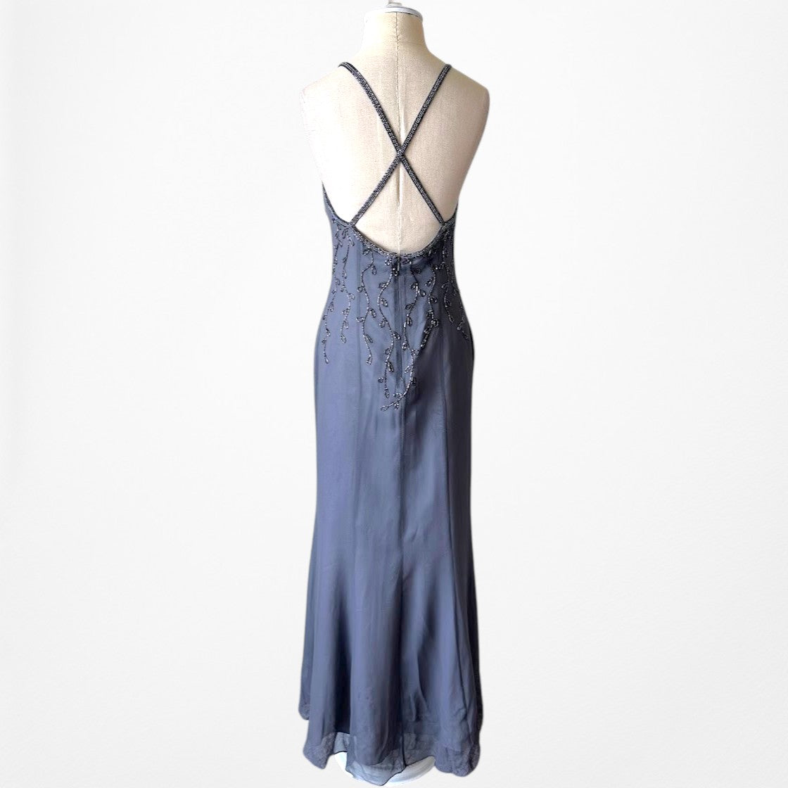 Vintage Gray Floral Beaded Silk Mesh Fishtail Bodycon Maxi Formal Prom Dress Size M