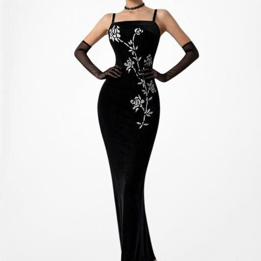 Vintage Black Glitter Floral Embellished Velvet Maxi Bodycon Cocktail Formal Prom Dress Size S