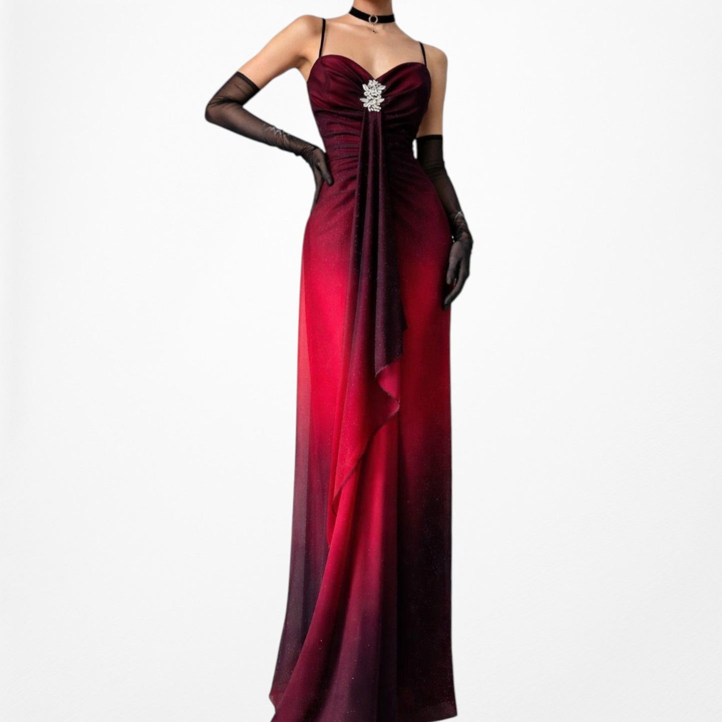 Vintage Burgundy Red Glitter Rhinestone Knit Ruffle Maxi Prom Dress Size M