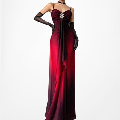 Vintage Burgundy Red Glitter Rhinestone Knit Ruffle Maxi Prom Dress Size M