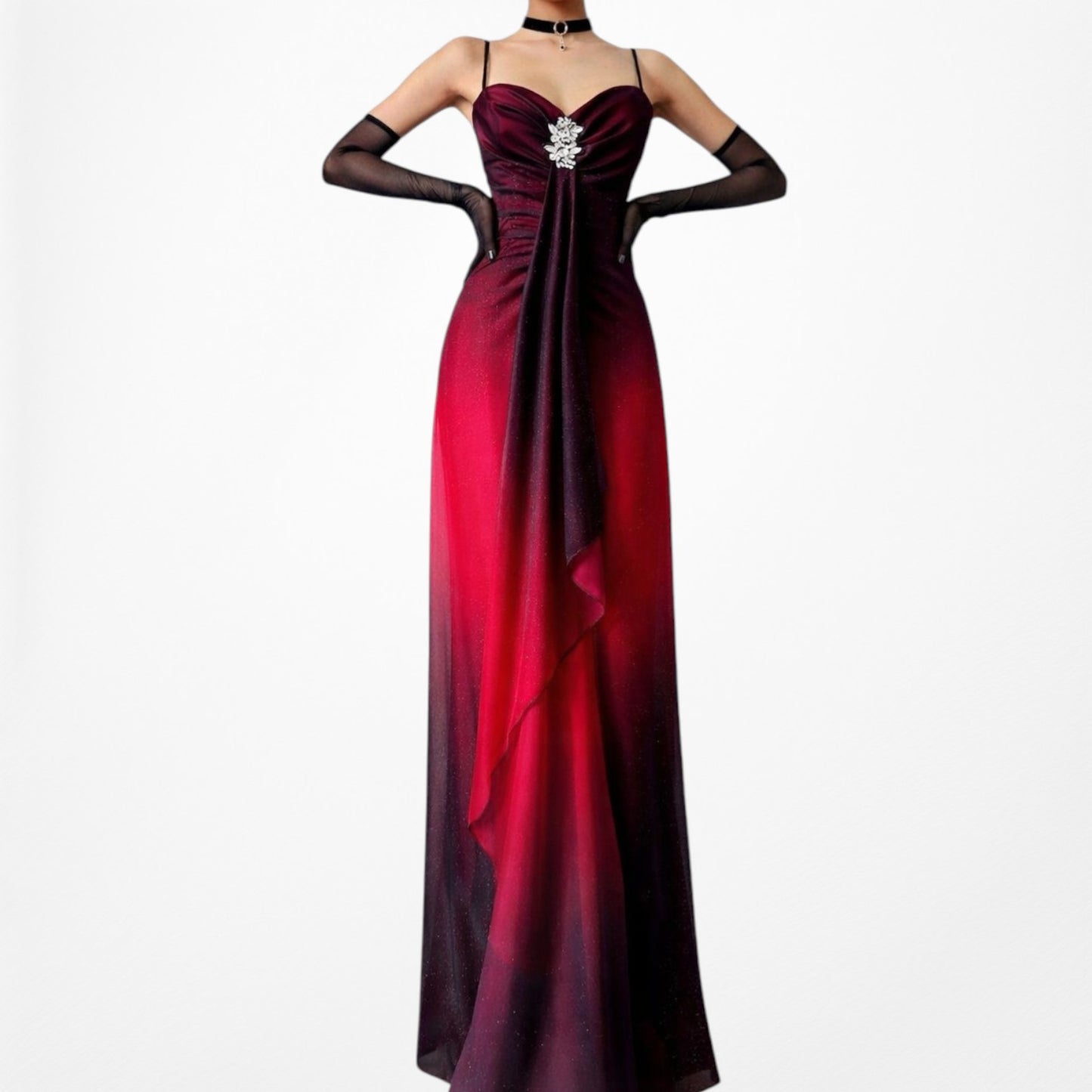 Vintage Burgundy Red Glitter Rhinestone Knit Ruffle Maxi Prom Dress Size M