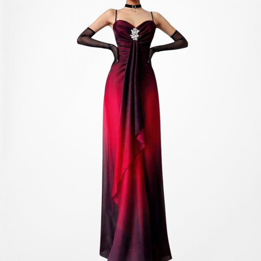 Vintage Burgundy Red Glitter Rhinestone Knit Ruffle Maxi Prom Dress Size M