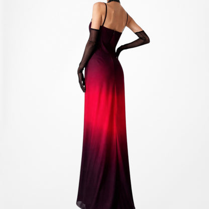 Vintage Burgundy Red Glitter Rhinestone Knit Ruffle Maxi Prom Dress Size M