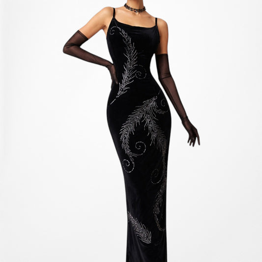 Vintage Black Knit Floral Plant Glitter Maxi Bodycon Formal Prom Dress Size M/L