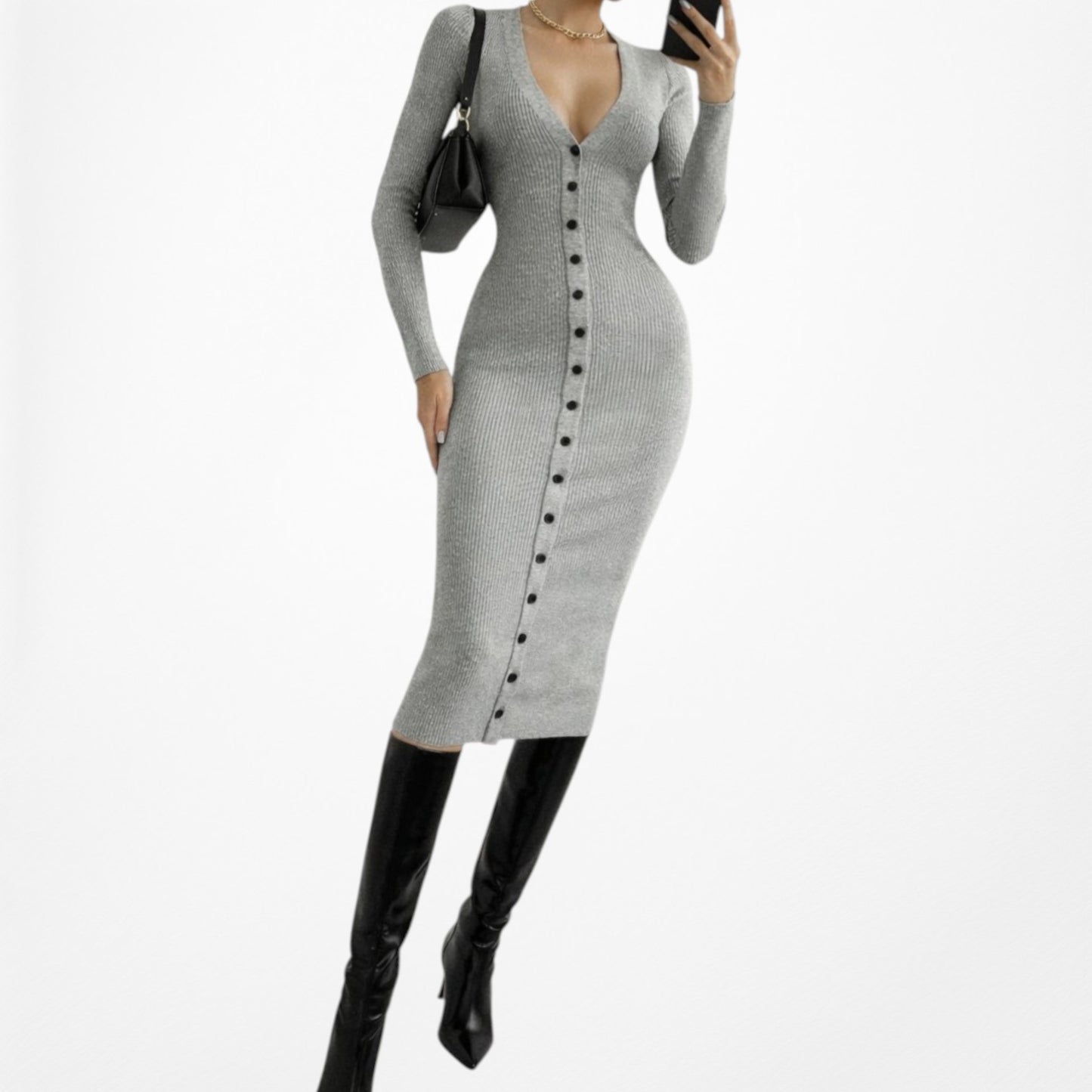 Vintage Y2K Gray Ribbed Knit V-Neck Button Front Midi Bodycon Sweater Dress XS