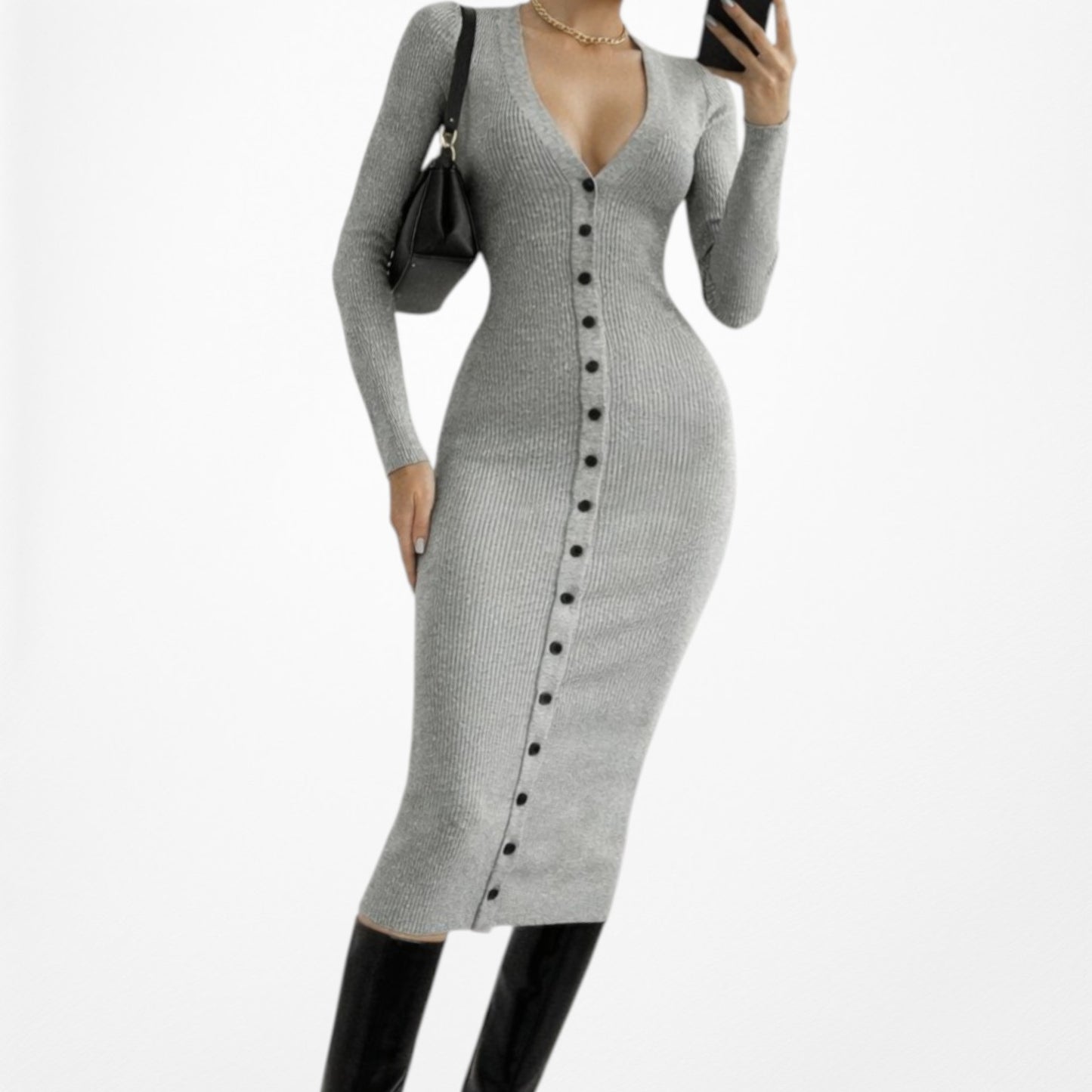 Vintage Y2K Gray Ribbed Knit V-Neck Button Front Midi Bodycon Sweater Dress XS