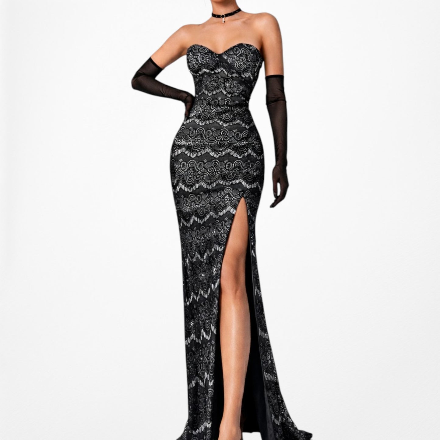 Vintage Black Strapless Lace Bodycon Side Slit Maxi Prom Dress Size XS