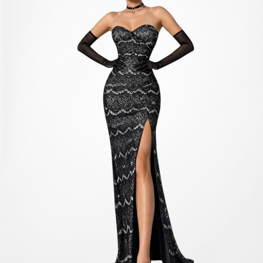 Vintage Black Strapless Lace Bodycon Side Slit Maxi Prom Dress Size XS